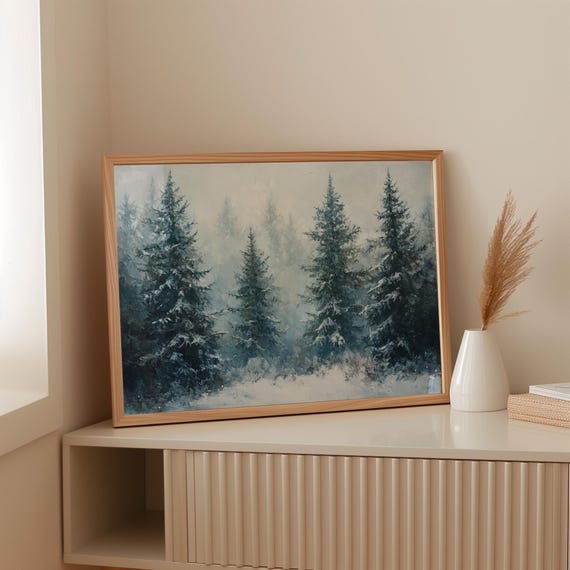 Snowcovered Pine Forest Winter Landscape Canvas Serene Frosty Nature Painting With Misty Trees For Cozy Cabin And Seasonal Home Dcor