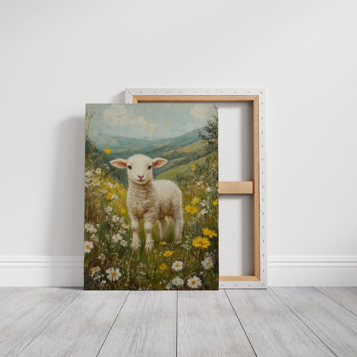 Pastoral Lamb In Wildflower Field Spring Hills Rustic Painting Poster - Image 3
