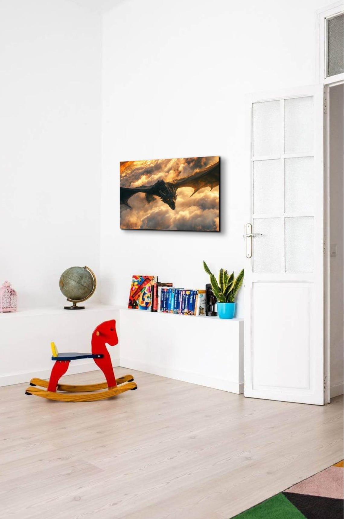 Fierce Black Dragon Soaring Through Golden Storm Clouds Poster - Image 4