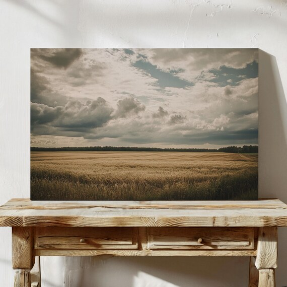 Golden Wheat Field Stormy Sky Landscape Print Rustic Farmhouse Wall Art Countryside Decor Moody Rural Nature Painting