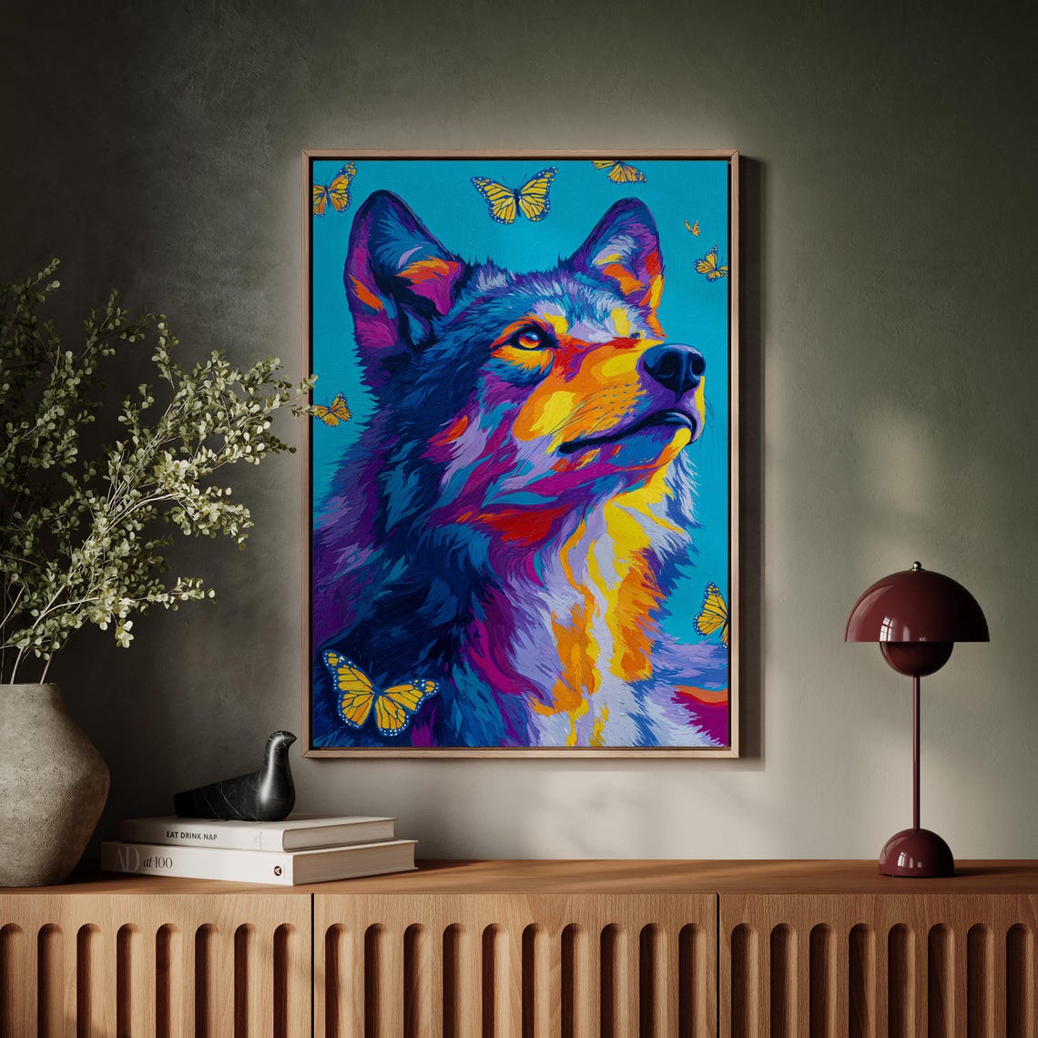 Vibrant Wolf Spirit Monarch Butterflies Colorful Wildlife Poster