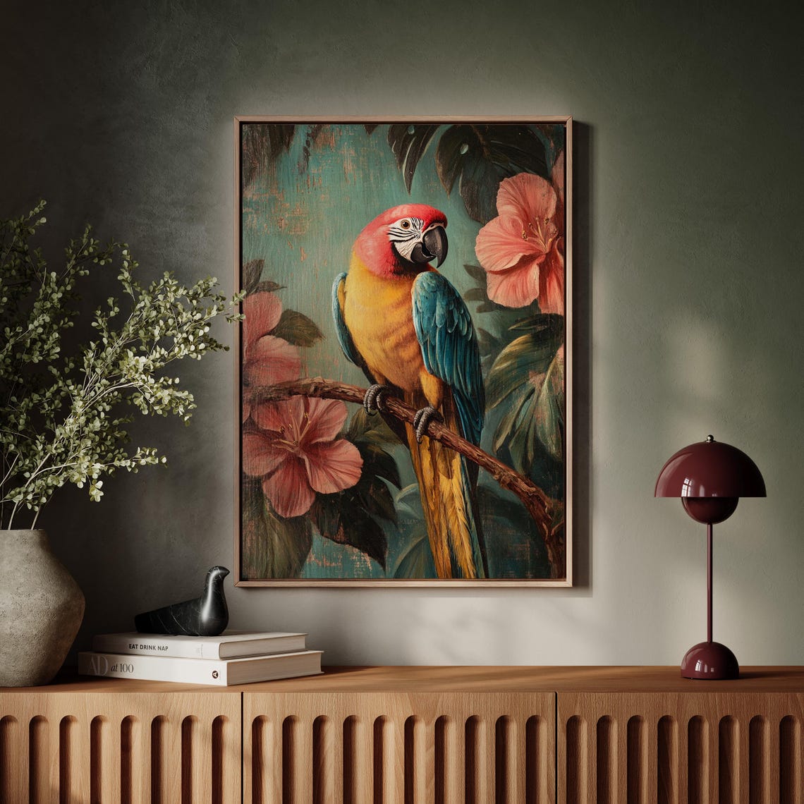 Scarlet Macaw Perched on a Branch With Pink Hibiscus Blooms Poster - Image 7
