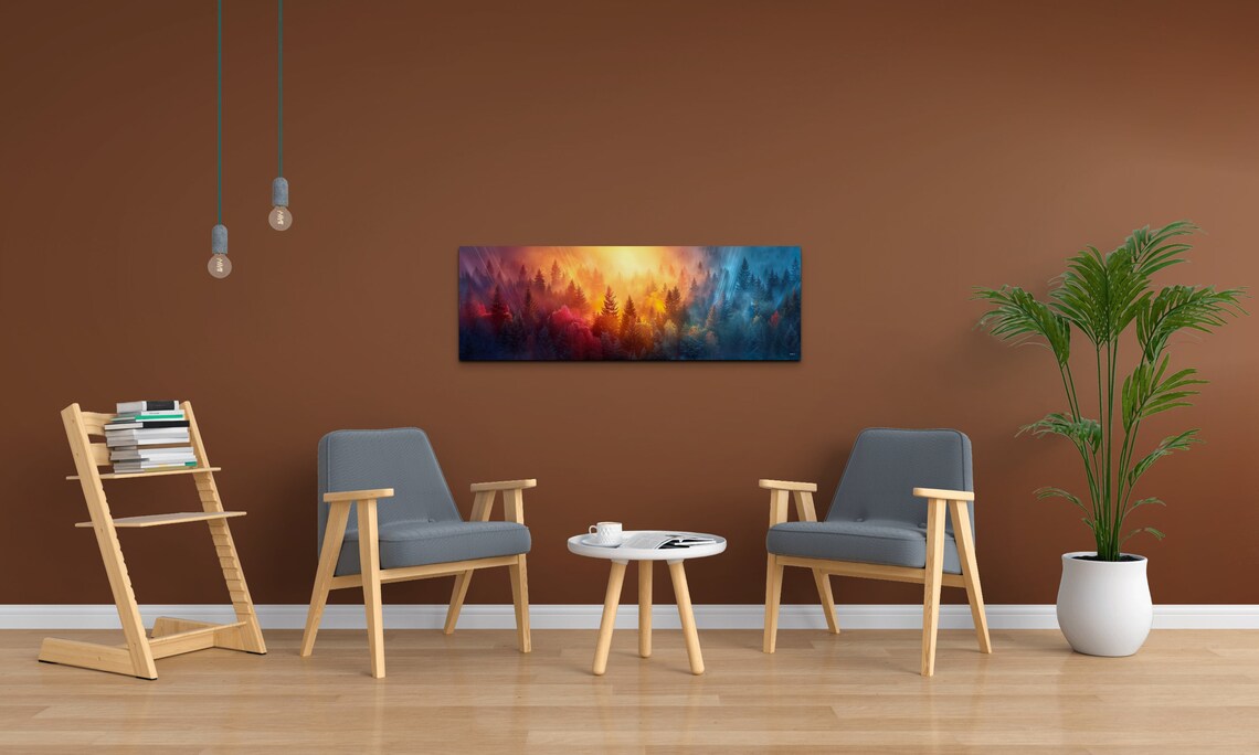 Vibrant Sunrise Through Misty Pine Forest Sunbeams Nature Art Poster - Image 7