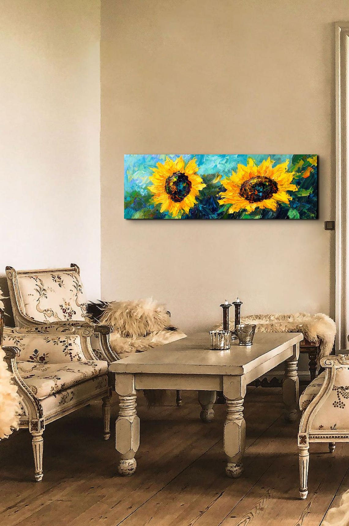 Sunflower Pair Teal Background Palette Knife Panoramic Art Poster - Image 5