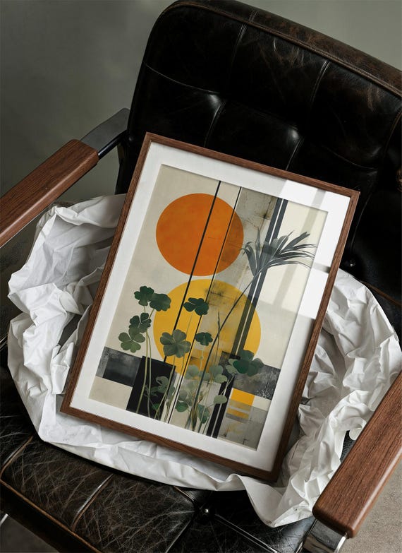 Modern Abstract Botanical Canvas Art Geometric Orange And Yellow Sun Painting Minimalist Nature Wall Decor Mid Century Style