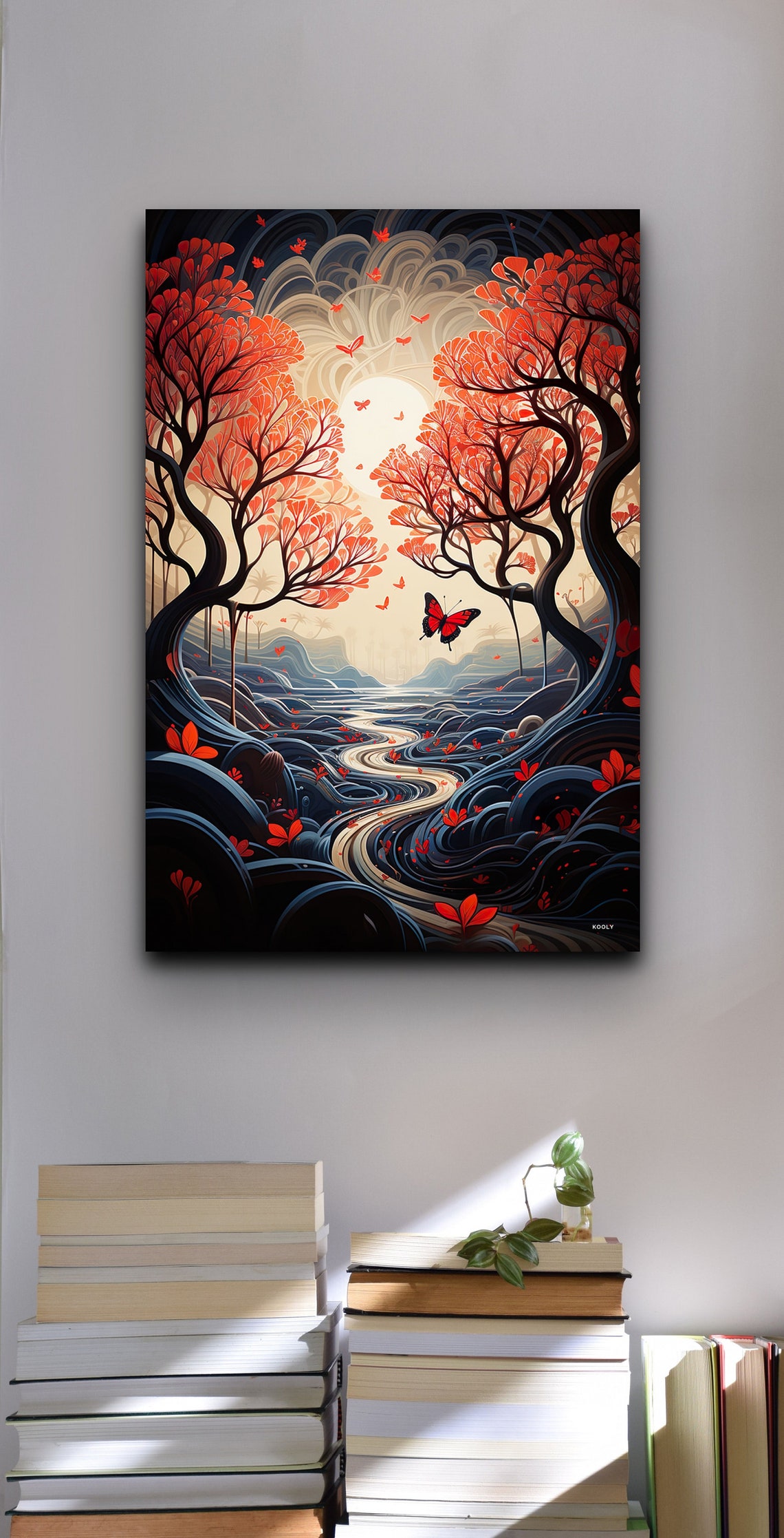 Red Forest Path With Butterfly Stylized Fantasy Night Art Poster - Image 3
