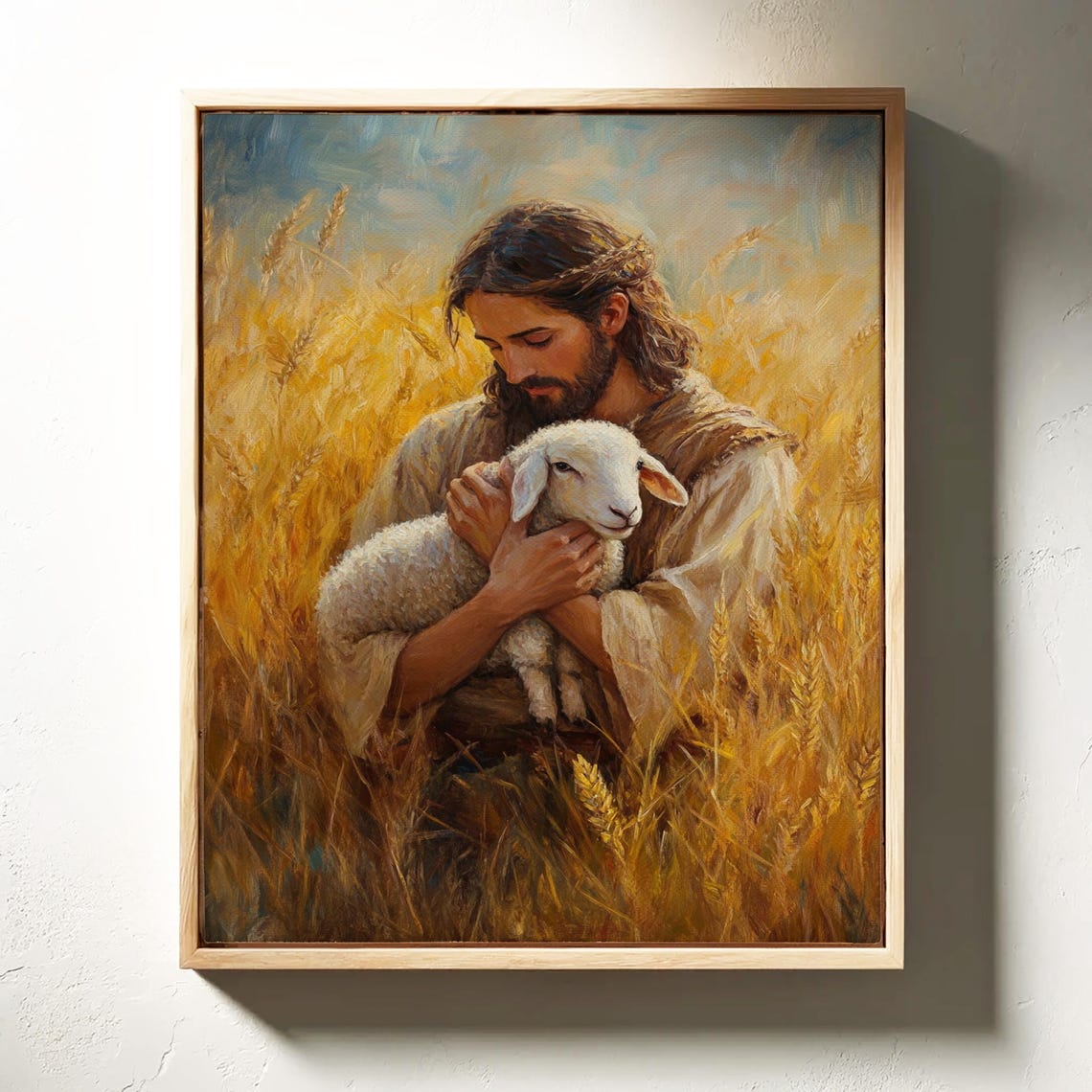 Jesus Cradling a Lamb Against His Chest in a Wheat Field Poster - Image 3