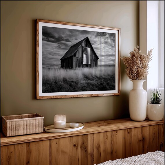 Rustic Barn With American Flag Black And White Farm Photography Poster