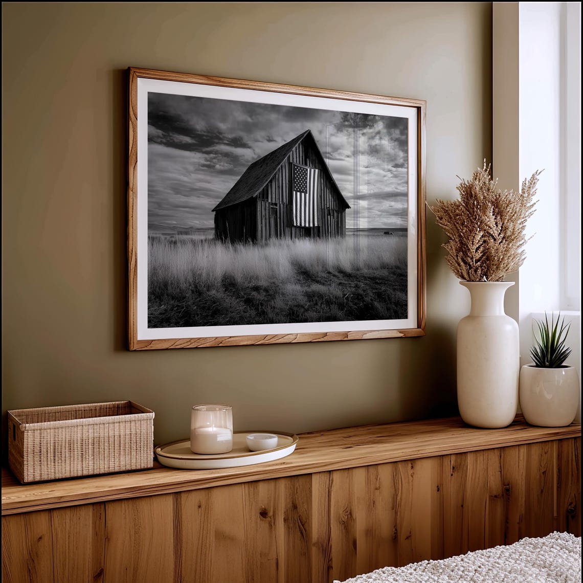 Rustic Barn With American Flag Black And White Farm Photography Poster