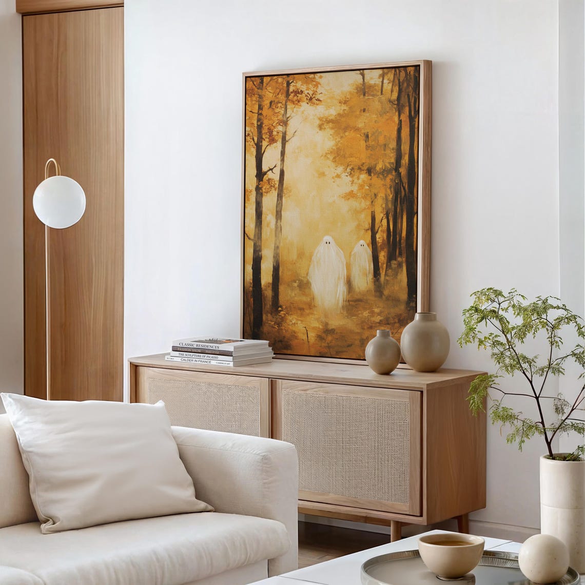 Two Friendly Ghosts Strolling In Misty Golden Autumn Forest Poster - Image 2