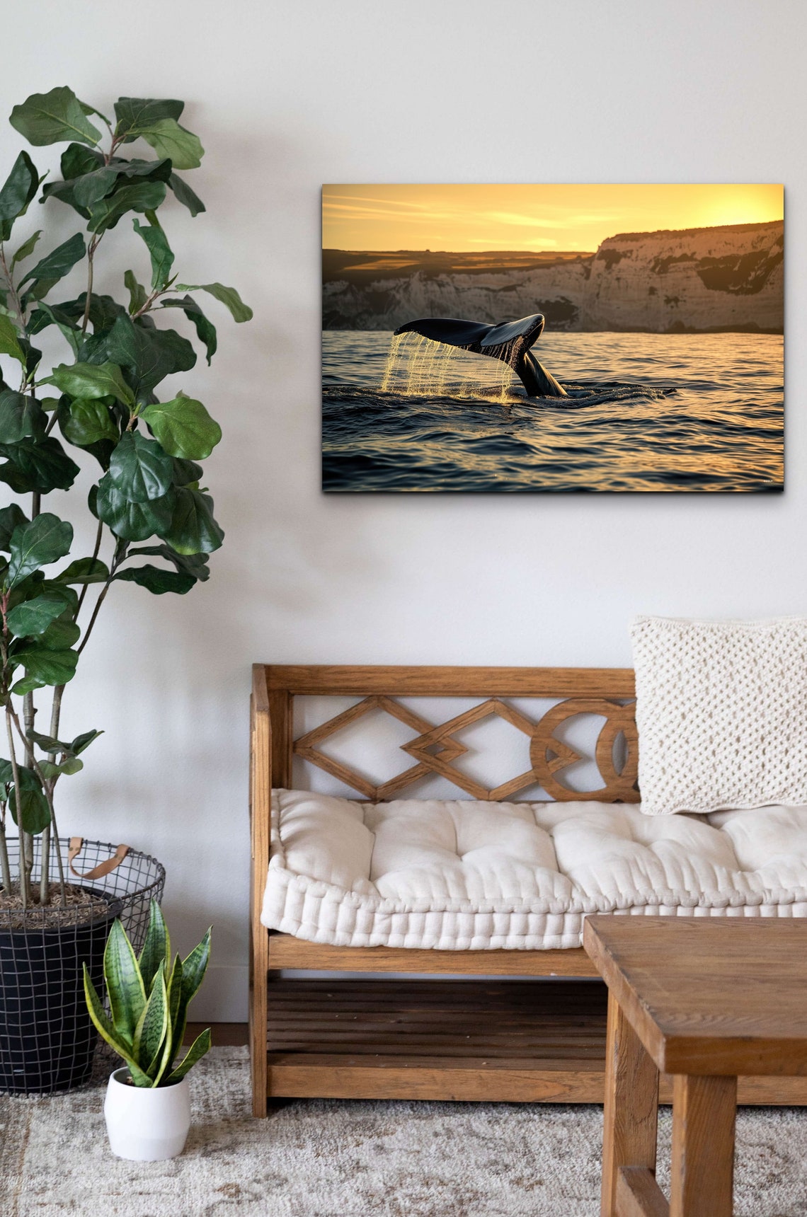 Whale Tail Splash Diving at Golden Sunset by Ocean Cliffs Poster - Image 4