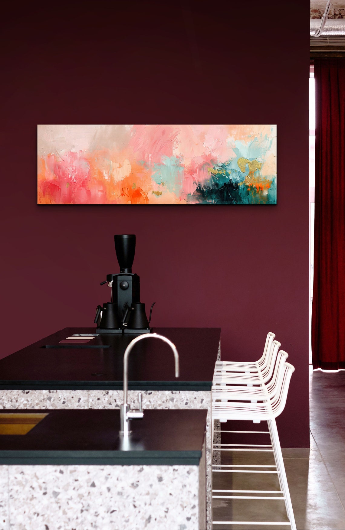 Pink Coral Teal Abstract Brushstroke Color Wash Panoramic Wall Art - Image 4