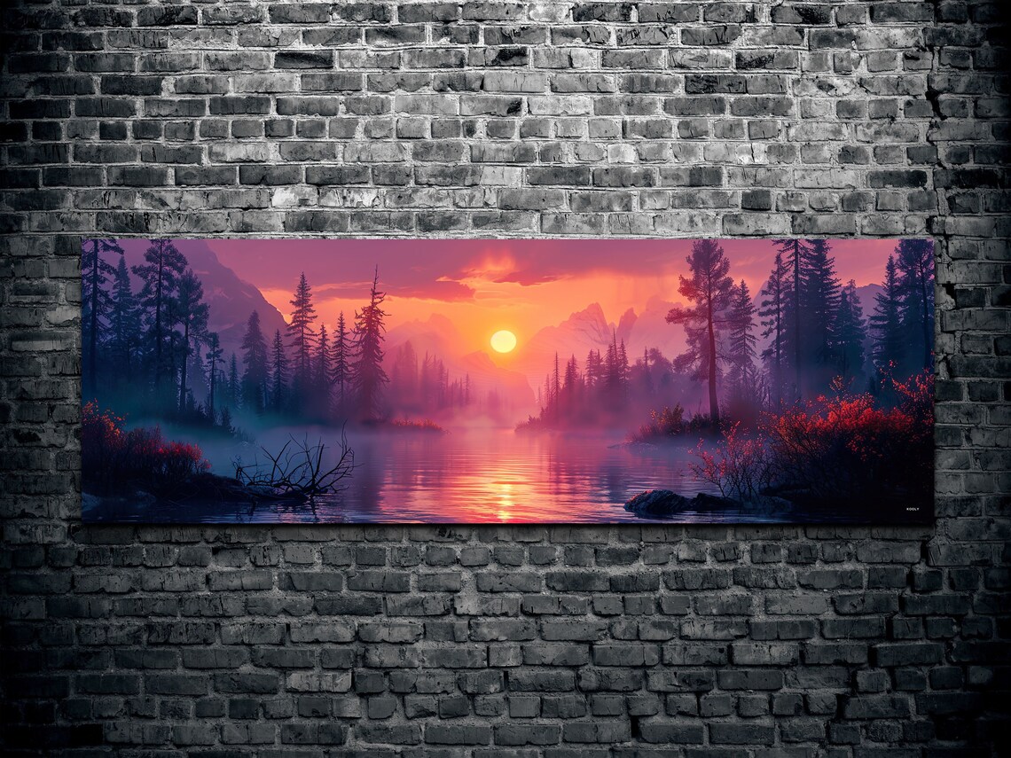 Mountain Lake Sunset Pine Trees Misty Orange Sky Panorama Wall Art - Image 2