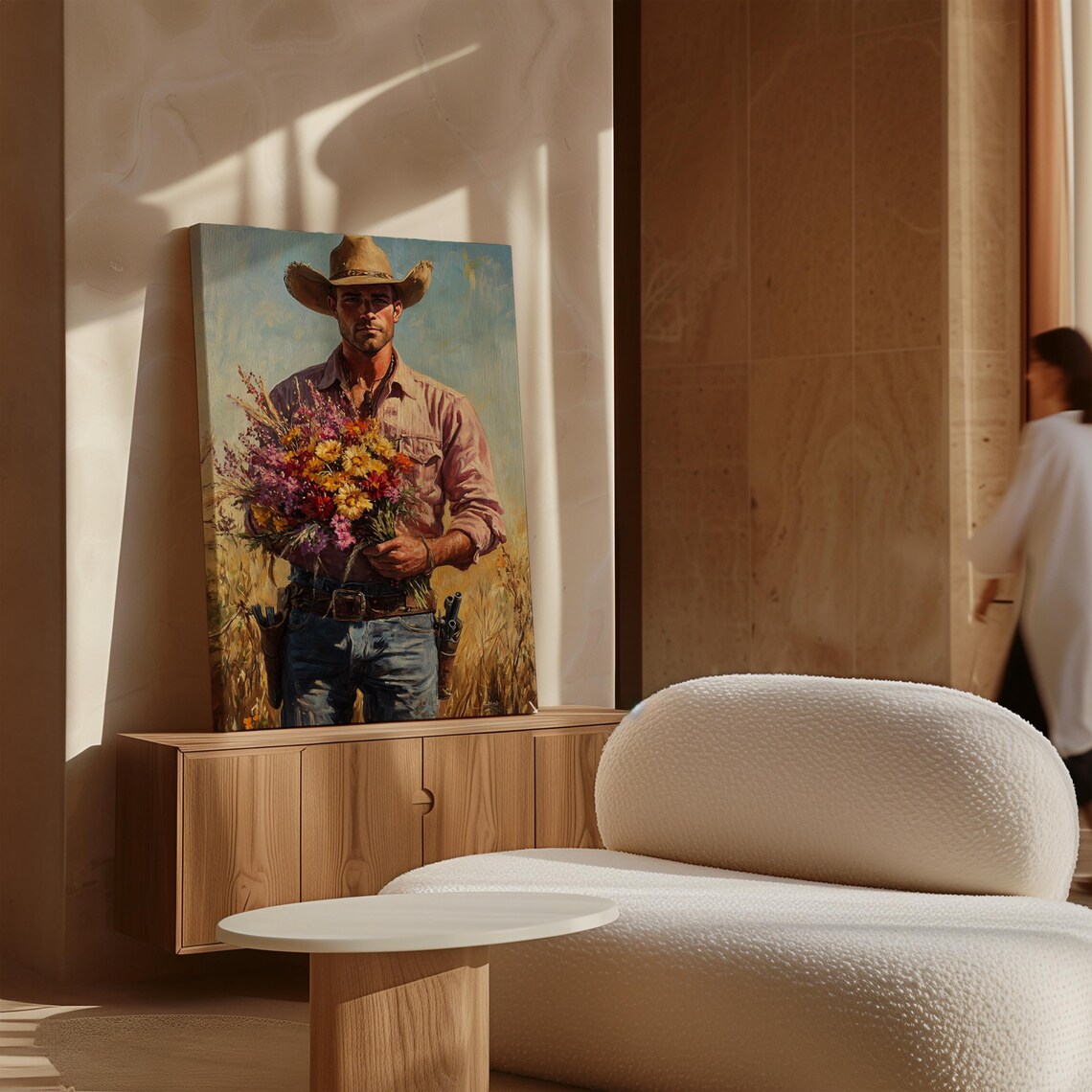 Rugged Cowboy Holding A Bouquet Of Wildflowers Oil Painting Poster - Image 3
