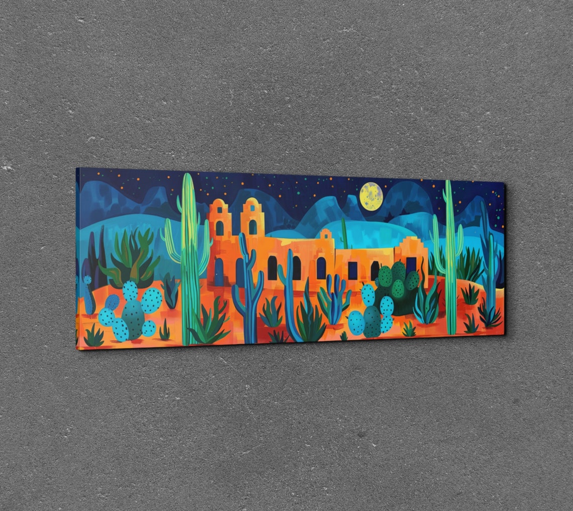 Desert Mission at Night Full Moon Agave and Saguaro Cactus Wall Poster - Image 3