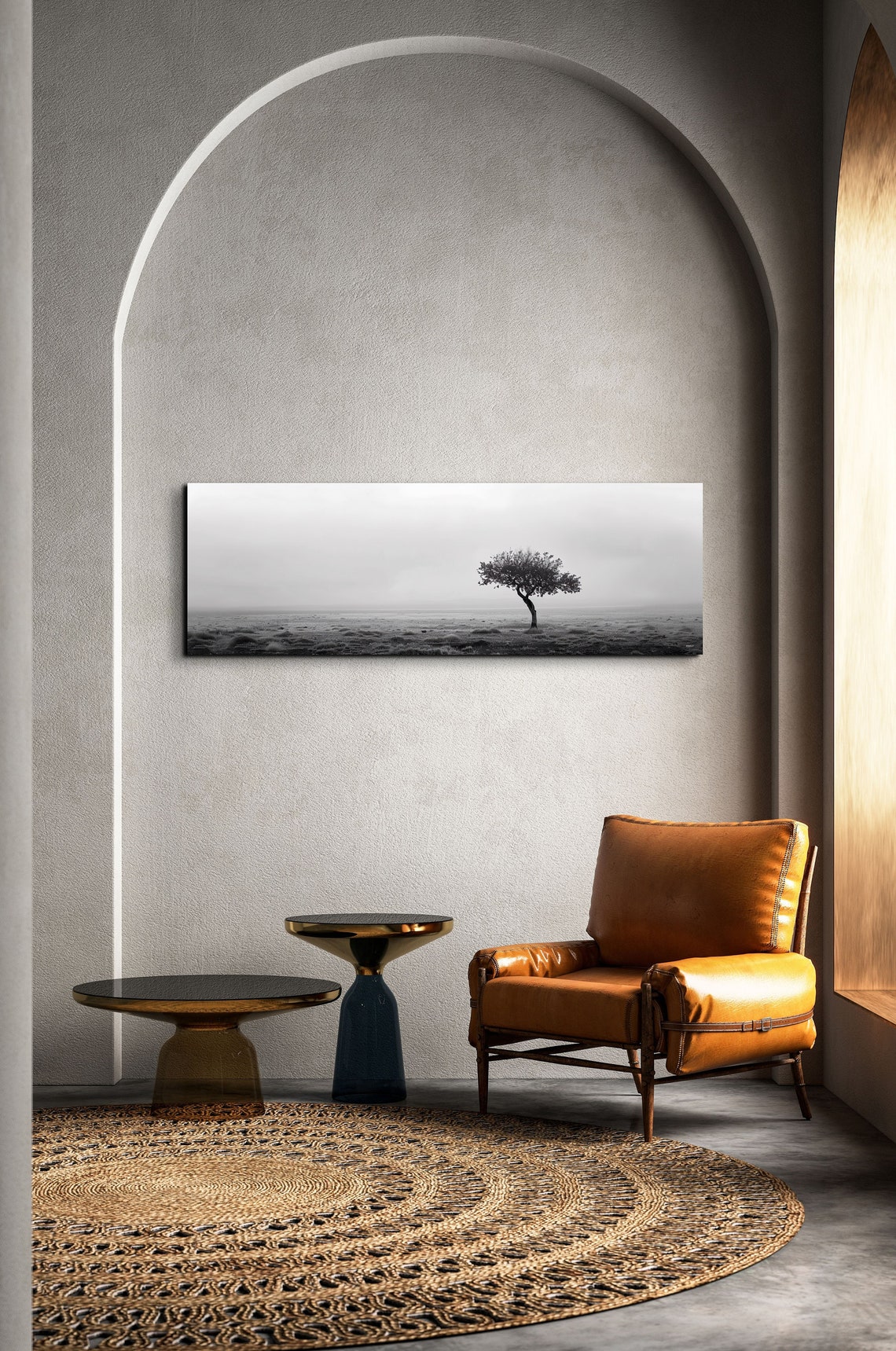 Black And White Lone Tree In A Misty Field Minimalist Poster - Image 3