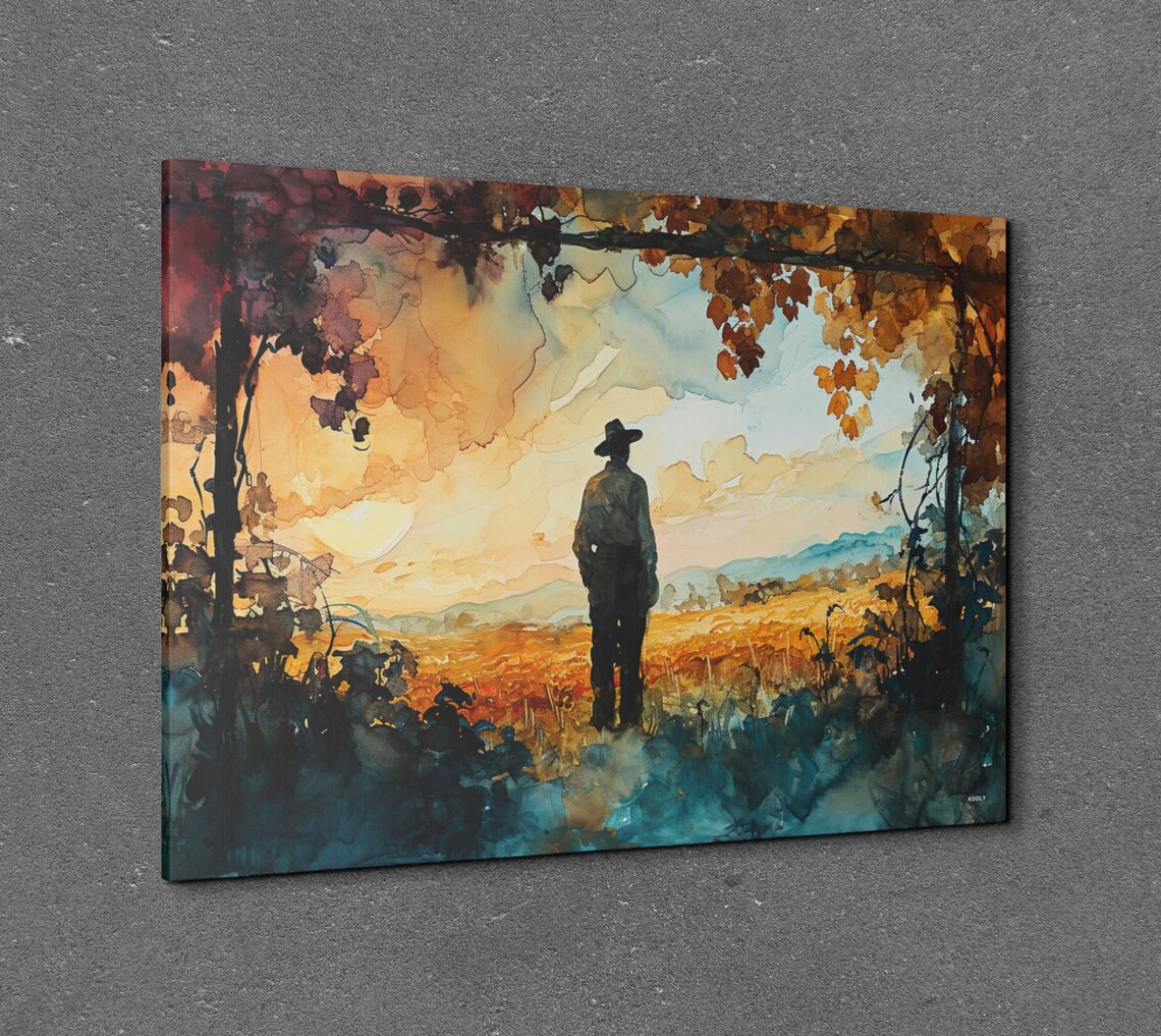 Tuscan Vineyard Sunset Watercolor Lone Figure Landscape Wall Art - Image 7