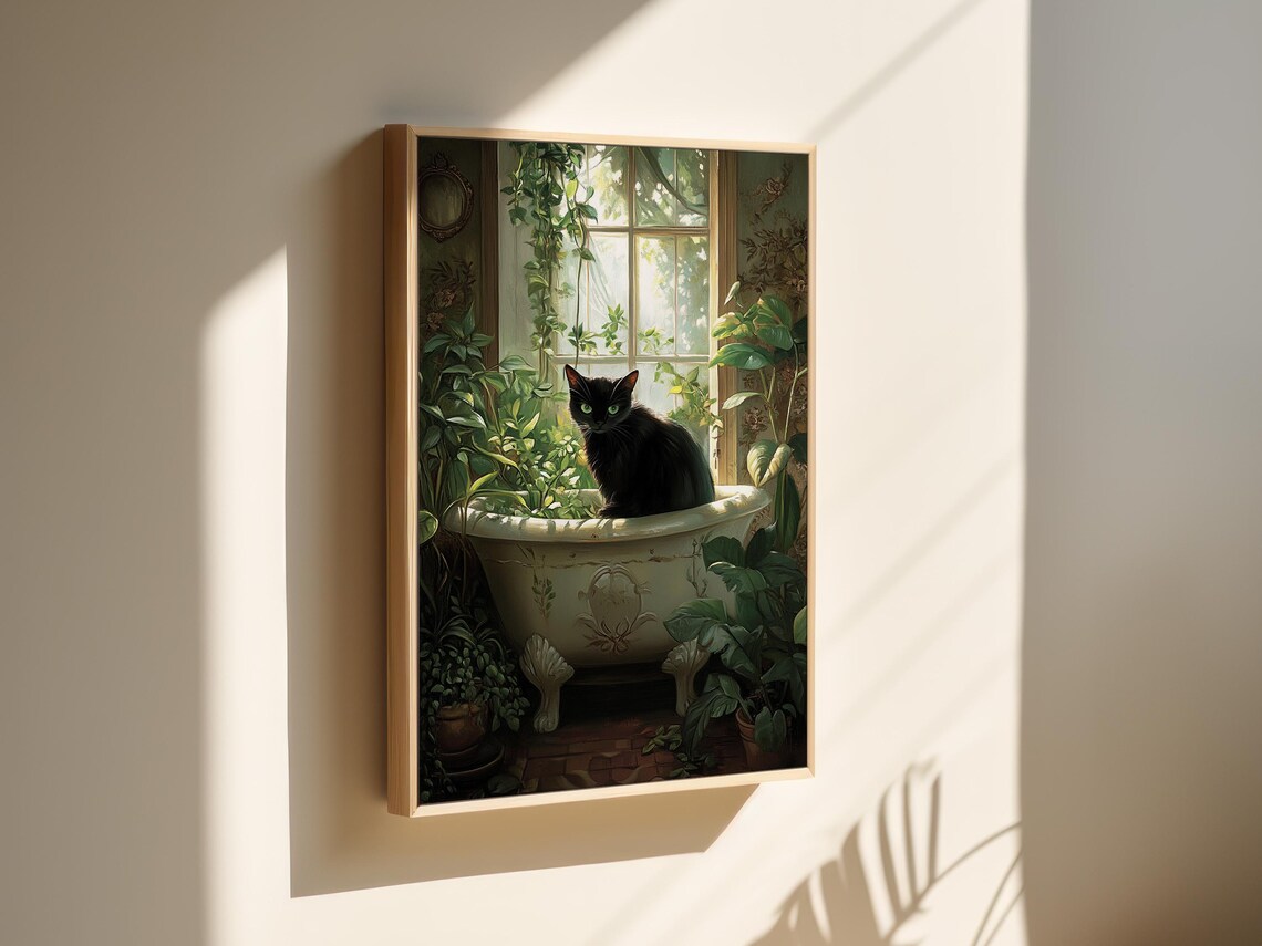 Black Cat With Green Eyes In Vintage Bathtub Among Lush Houseplants Poster - Image 4