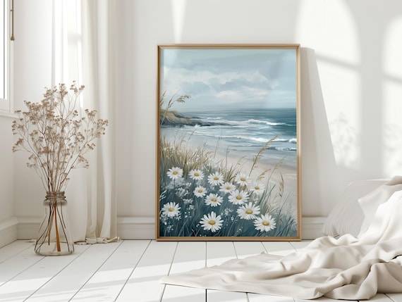 Beach Daisies Meadow With Ocean View Coastal Flower Field Poster