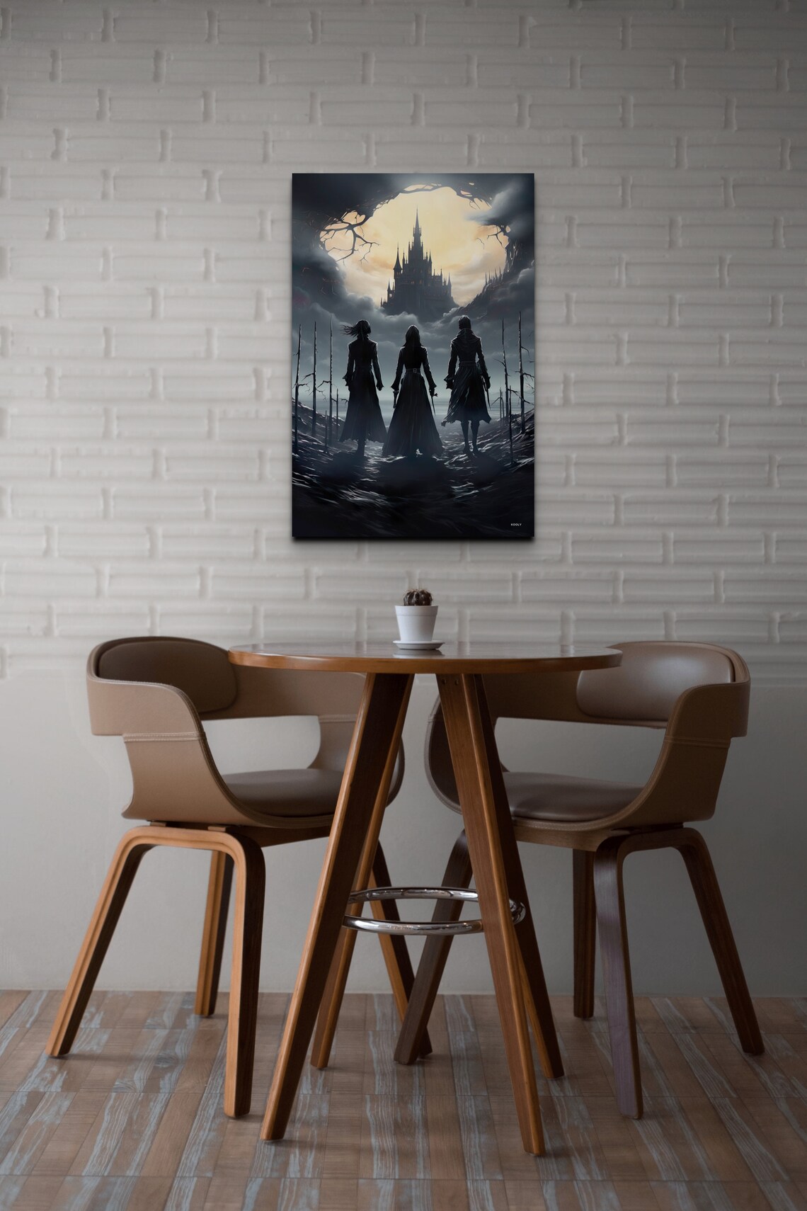 Gothic Castle Under the Full Moon with Three Silhouetted Travelers Poster - Image 3