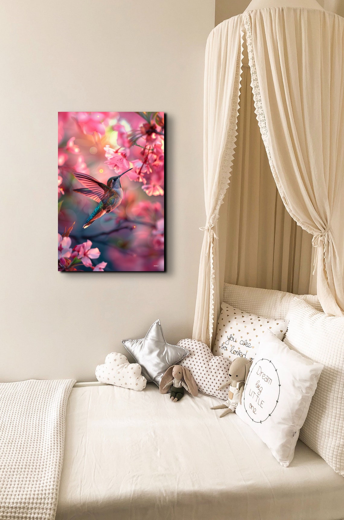 Colorful Hummingbird Hovering Among Pink Cherry Blossoms Poster - Image 4