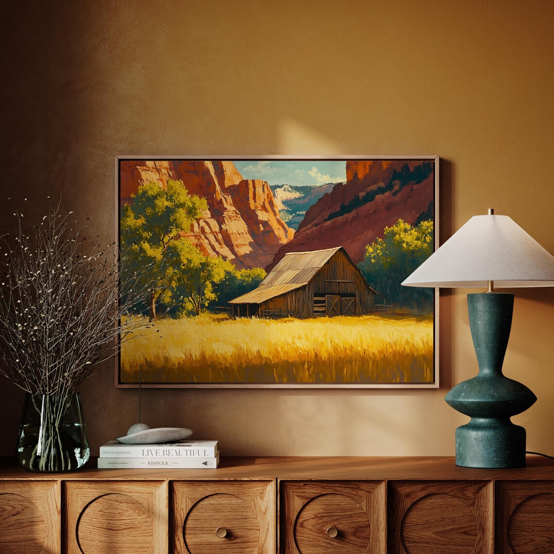 Rustic Barn in Golden Fields, Vintage Landscape Art
