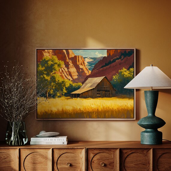 Rustic Barn in Golden Fields, Vintage Landscape Art