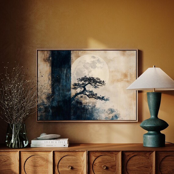 Japanese Zen Pine Tree Full Moon Navy Beige Minimalist Poster