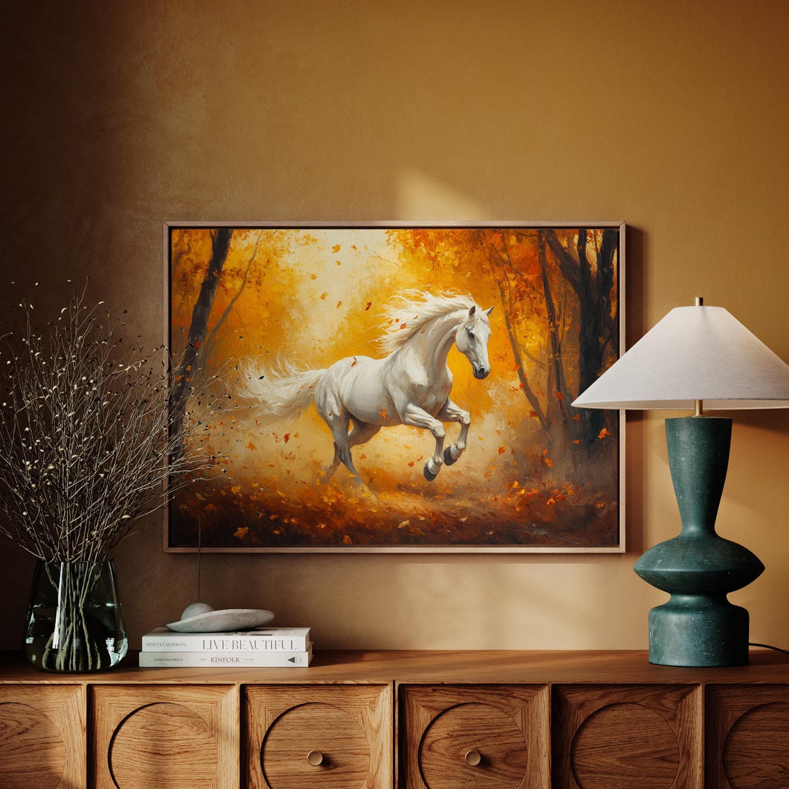 Majestic White Horse Galloping Golden Autumn Forest Equestrian Poster