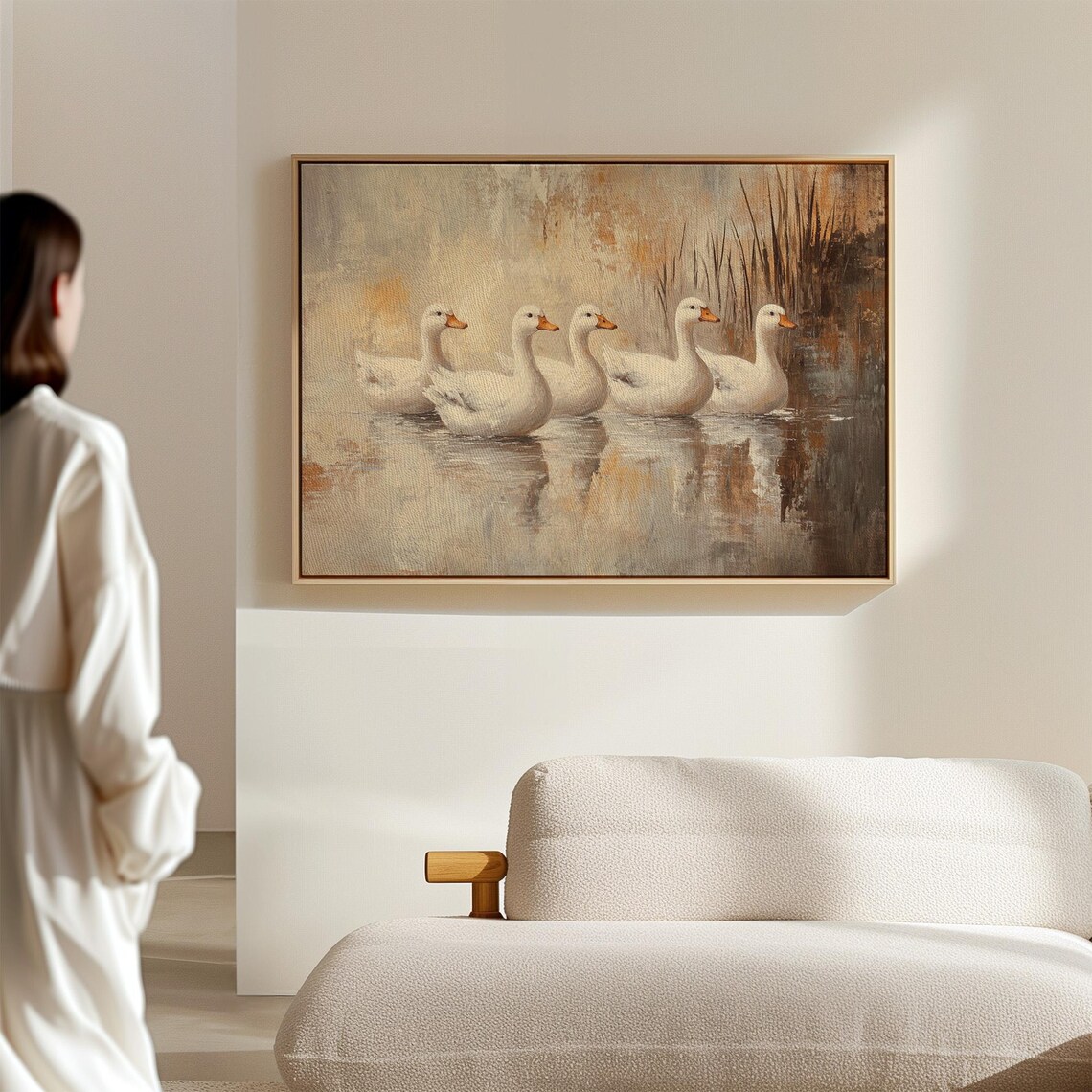 Five White Ducks Swimming On Pond Rustic Waterfowl Oil Painting Poster - Image 7