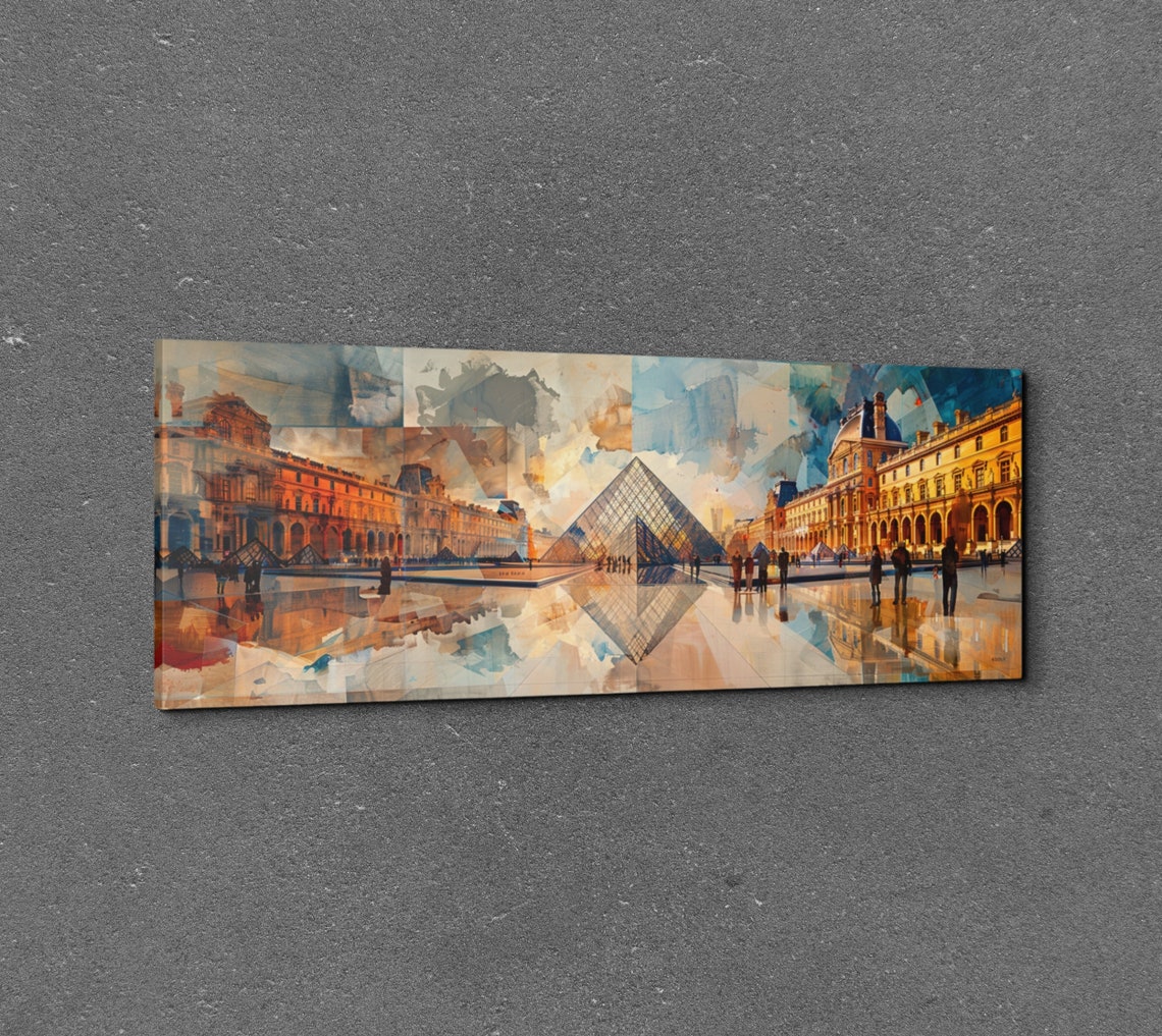 Louvre Museum Pyramid Paris Watercolor Painting Panorama Wall Art - Image 3