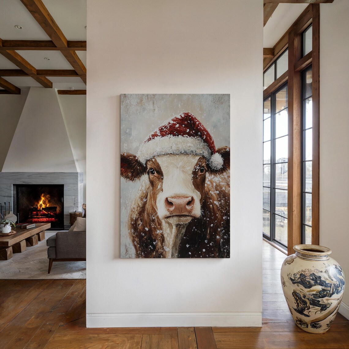Cute Cow Wearing a Snowy Santa Hat in a Cozy Christmas Animal Poster - Image 5