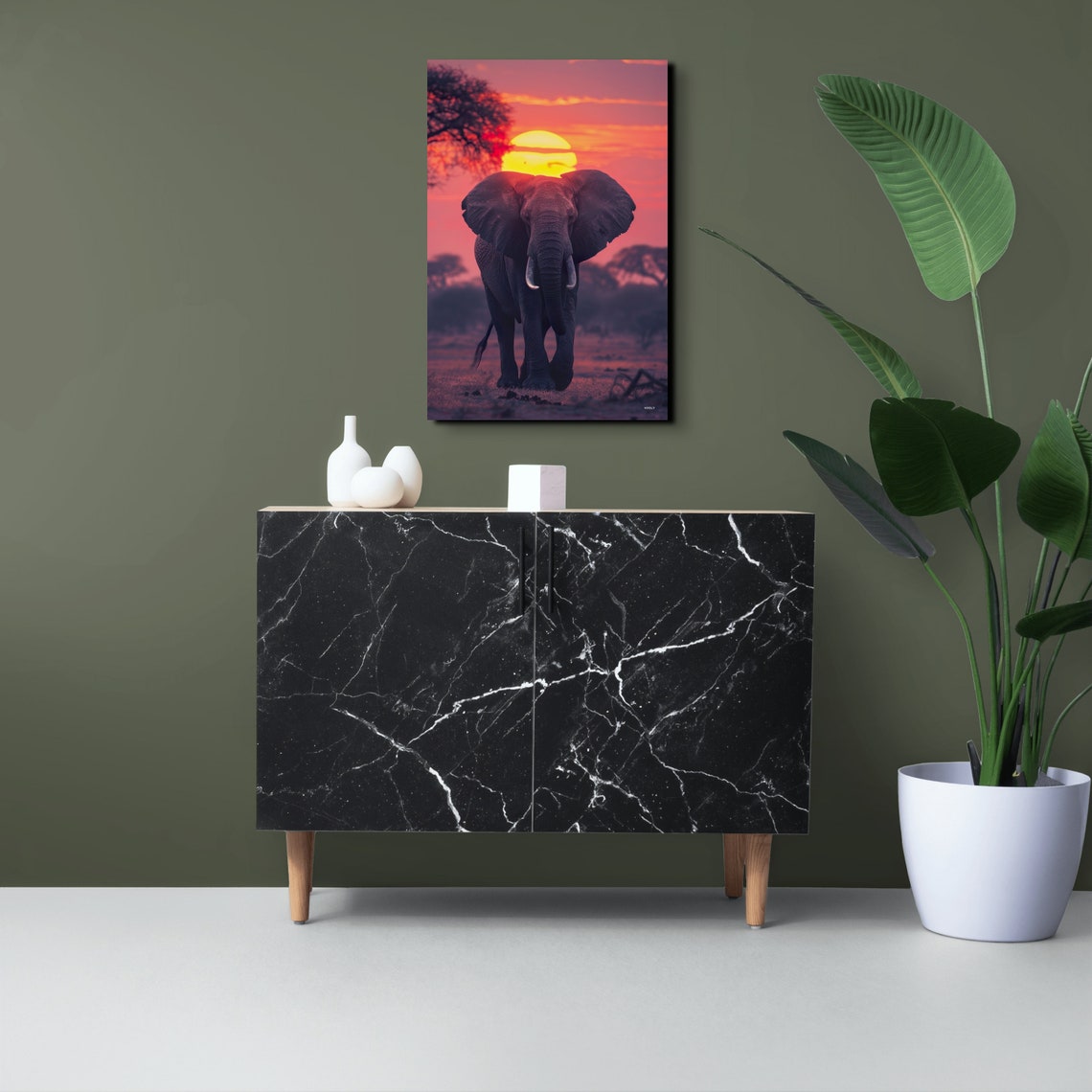 Majestic African Elephant Walking Toward a Red Sunset Poster - Image 4