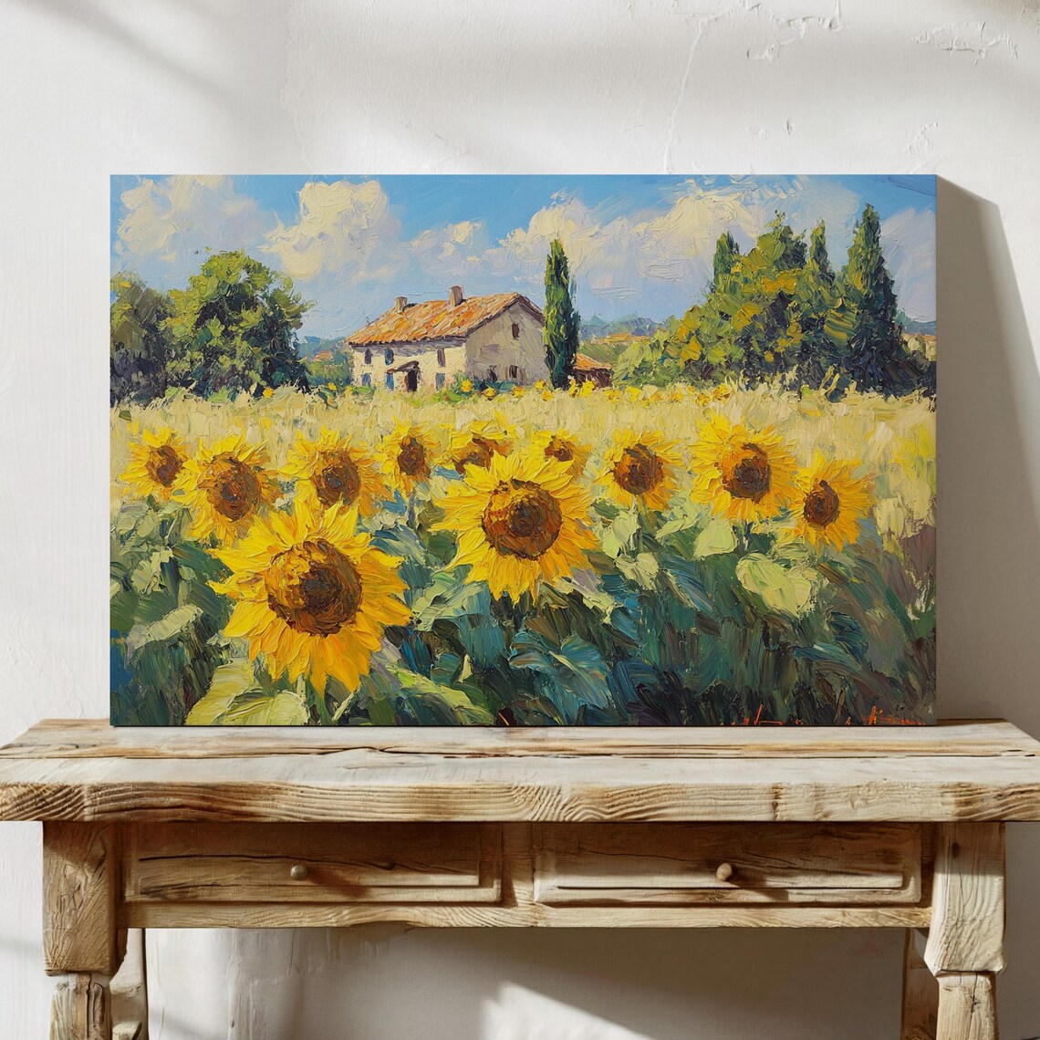 Sunflower Meadow With Cypress Trees And Stone Farmhouse Summer Poster