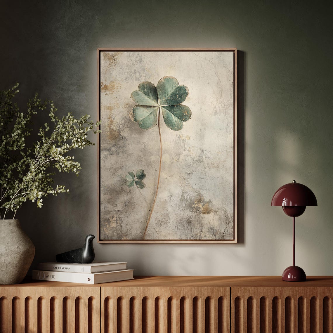 Sage Green Four Leaf Clover Vintage Distressed Beige Wall Art - Image 7