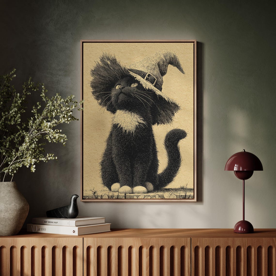 Whimsical Black Cat in Witch Hat Ink Illustration Halloween Poster