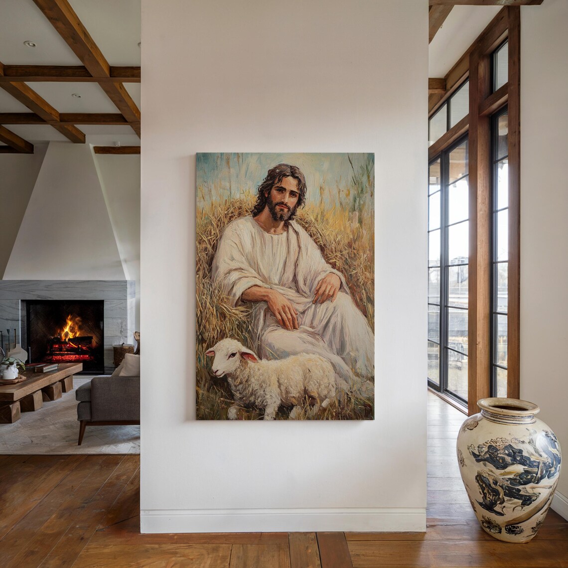 Jesus Seated With a Lamb in a Peaceful Golden Pasture Painting Poster - Image 4
