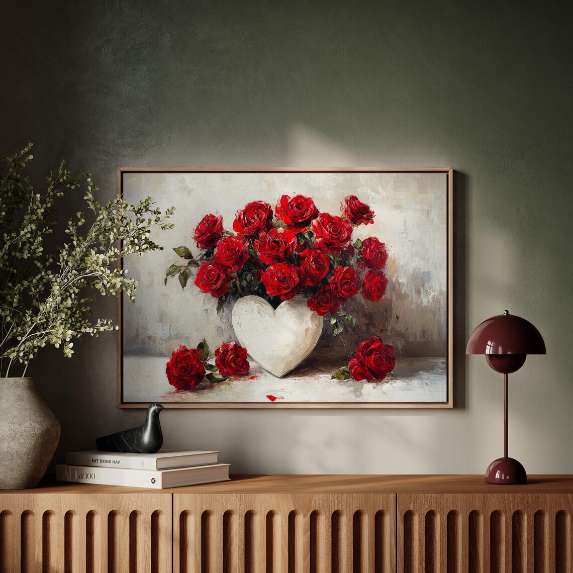 Red Rose Bouquet In White Heart Vase Romantic Oil Painting Poster - Image 6