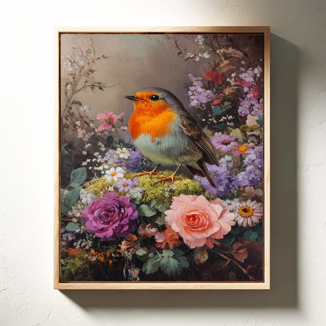 Orange Breasted Robin Mossy Stump Blooming Rose Garden Poster - Image 5