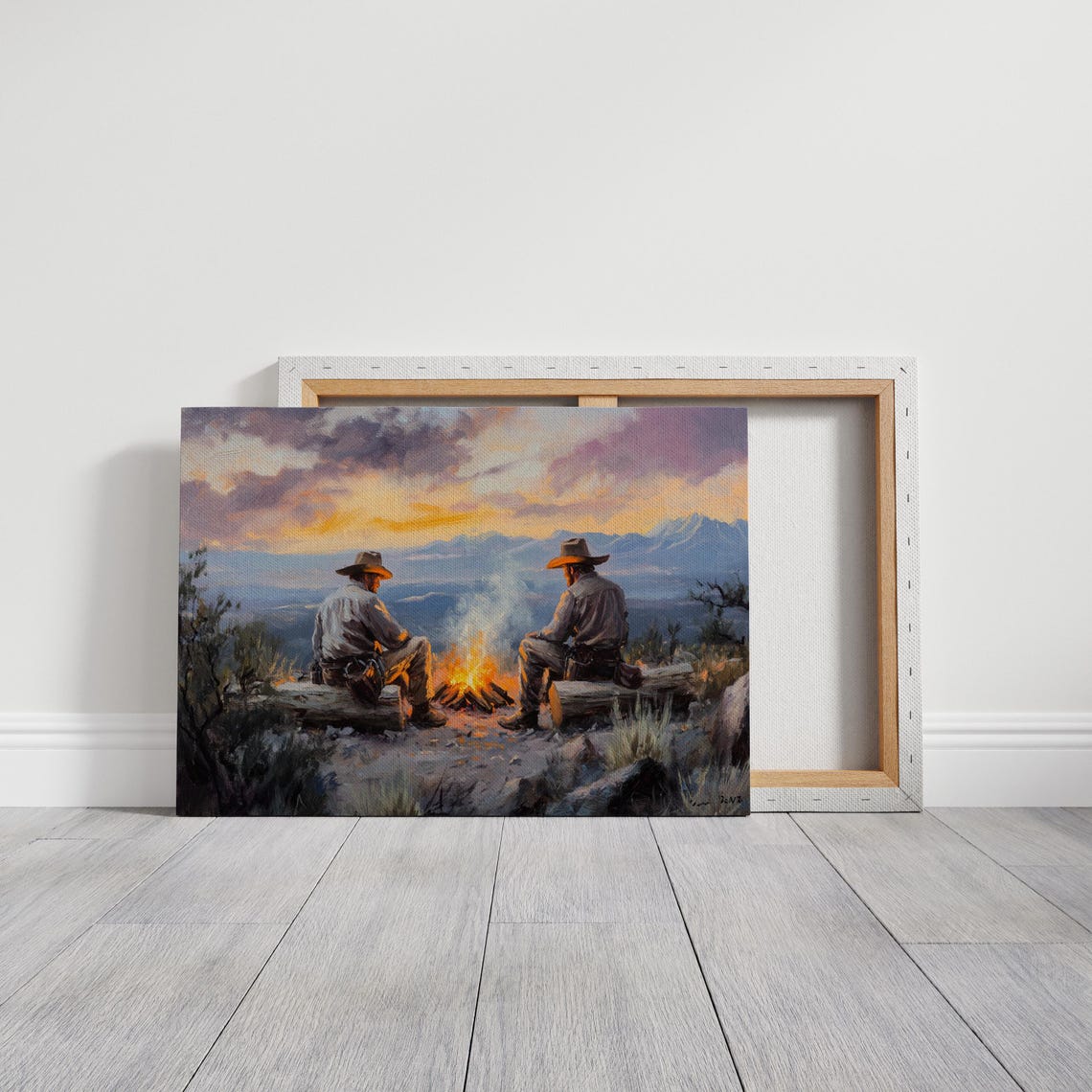 Two Cowboys at Campfire Sunset Mountain View Western Art Poster - Image 3