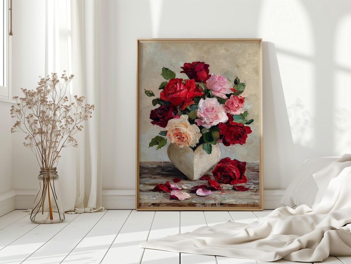 Red Pink Roses Bouquet In Heart Vase Vintage Oil Painting Poster
