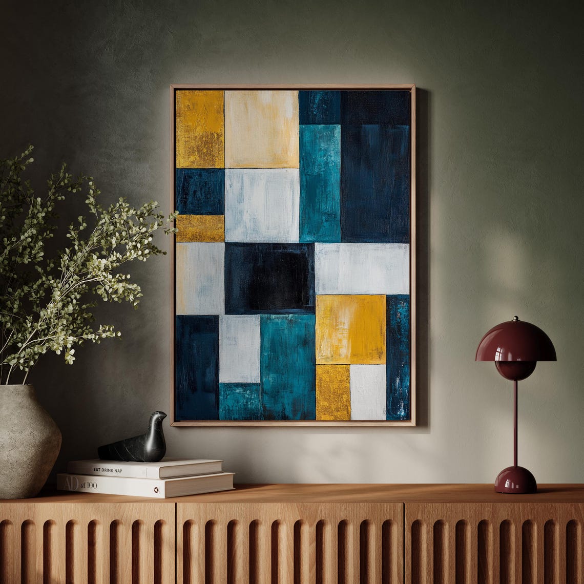 Modern Geometric Abstract Blue Gold White Color Block Textured Poster