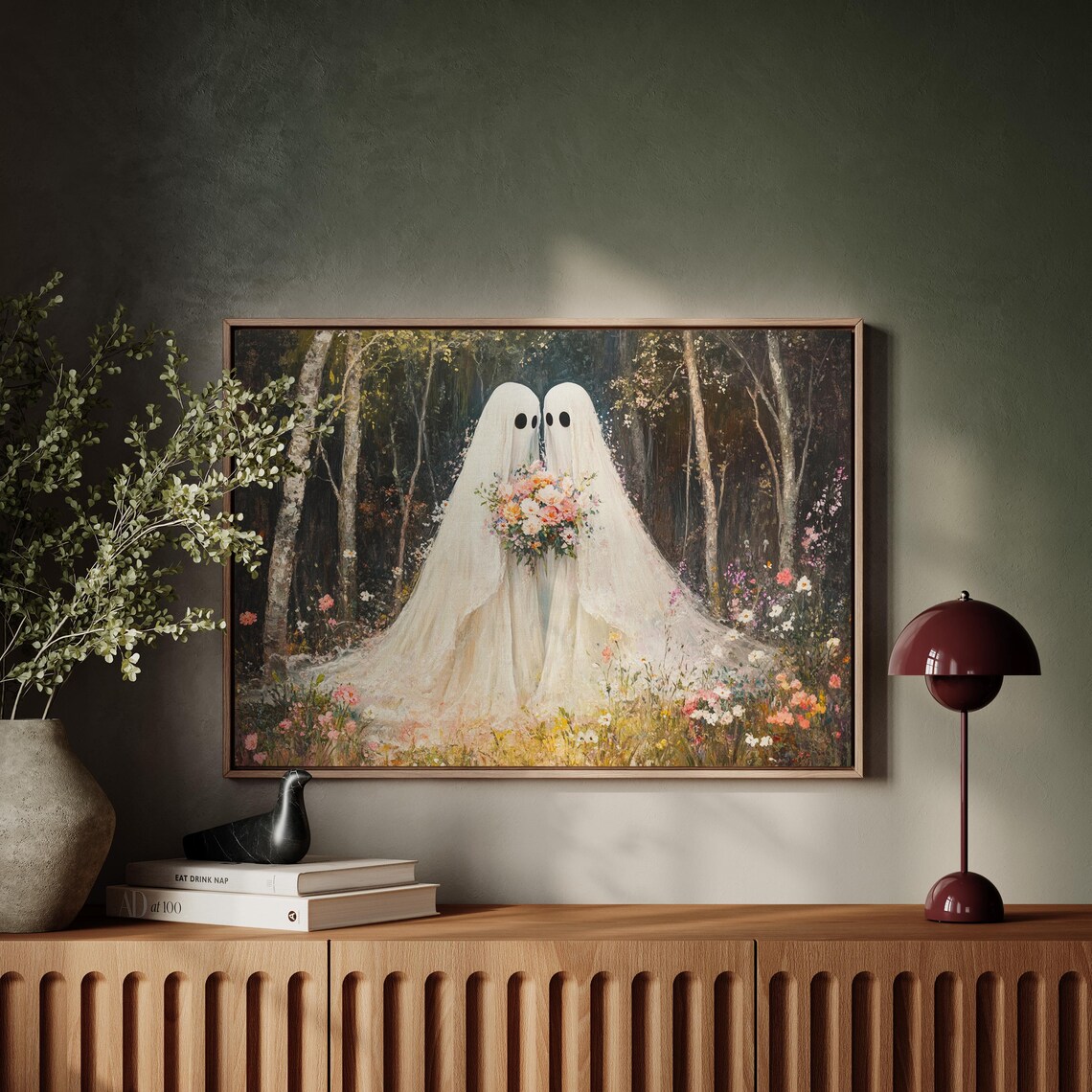 Ghost Couple Wedding in Dark Forest Holding Floral Bouquet Art Poster - Image 3