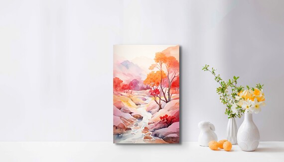 Autumn Stream Through Pink And Orange Trees Watercolor Poster
