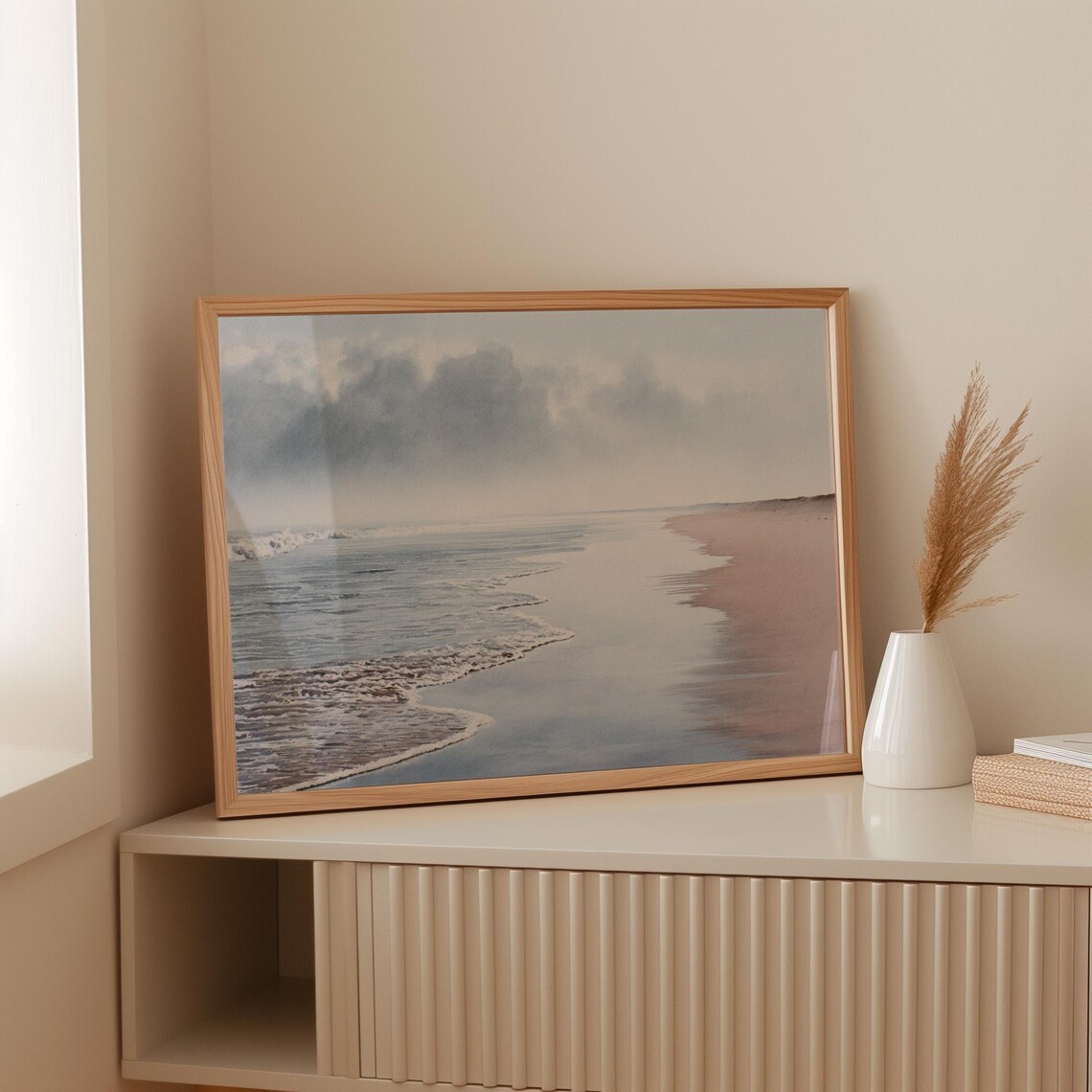 Serene Misty Beach Shoreline Watercolor Poster for Coastal Living Rooms