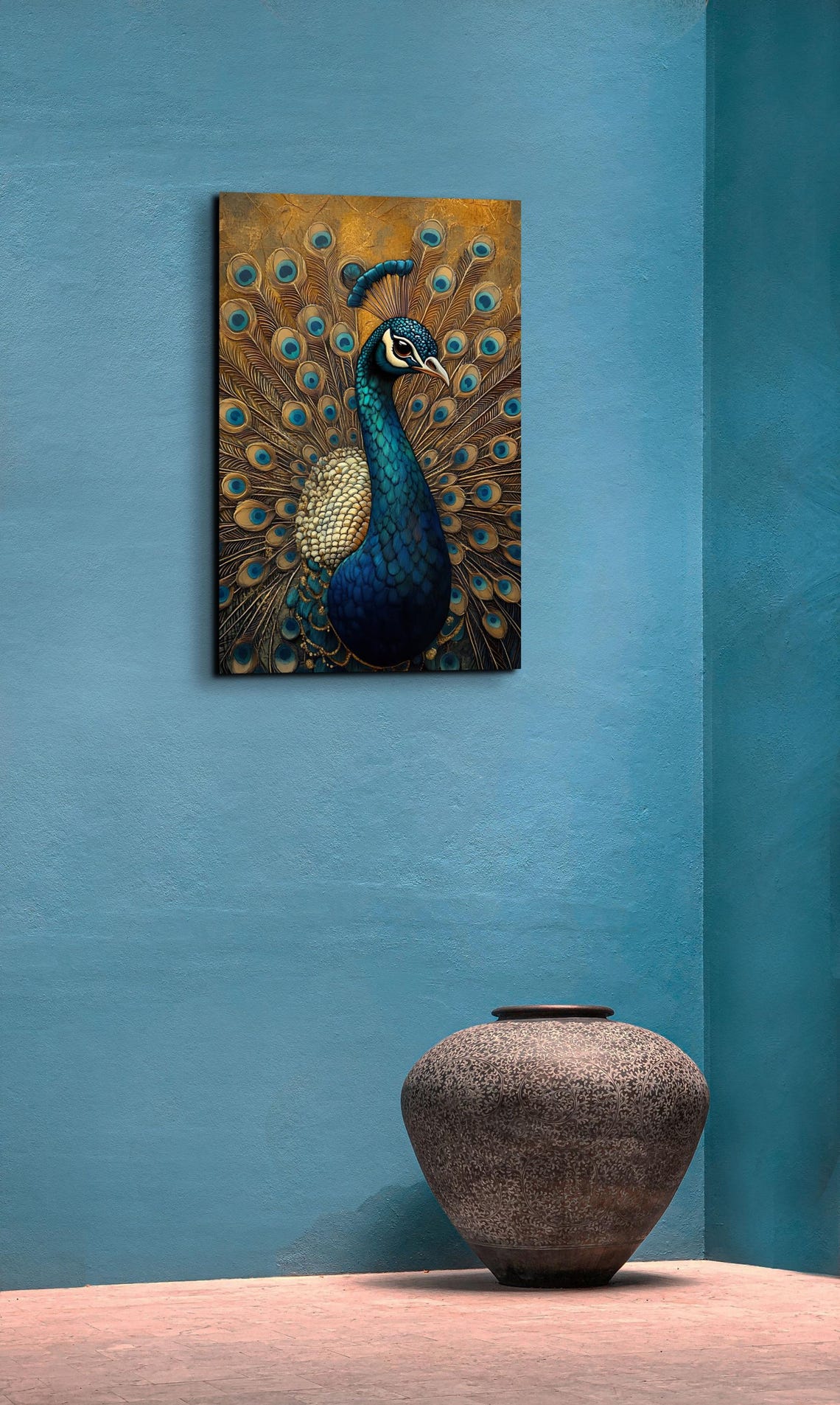 Peacock Profile Golden Background Ornate Bird Portrait Art Poster - Image 3