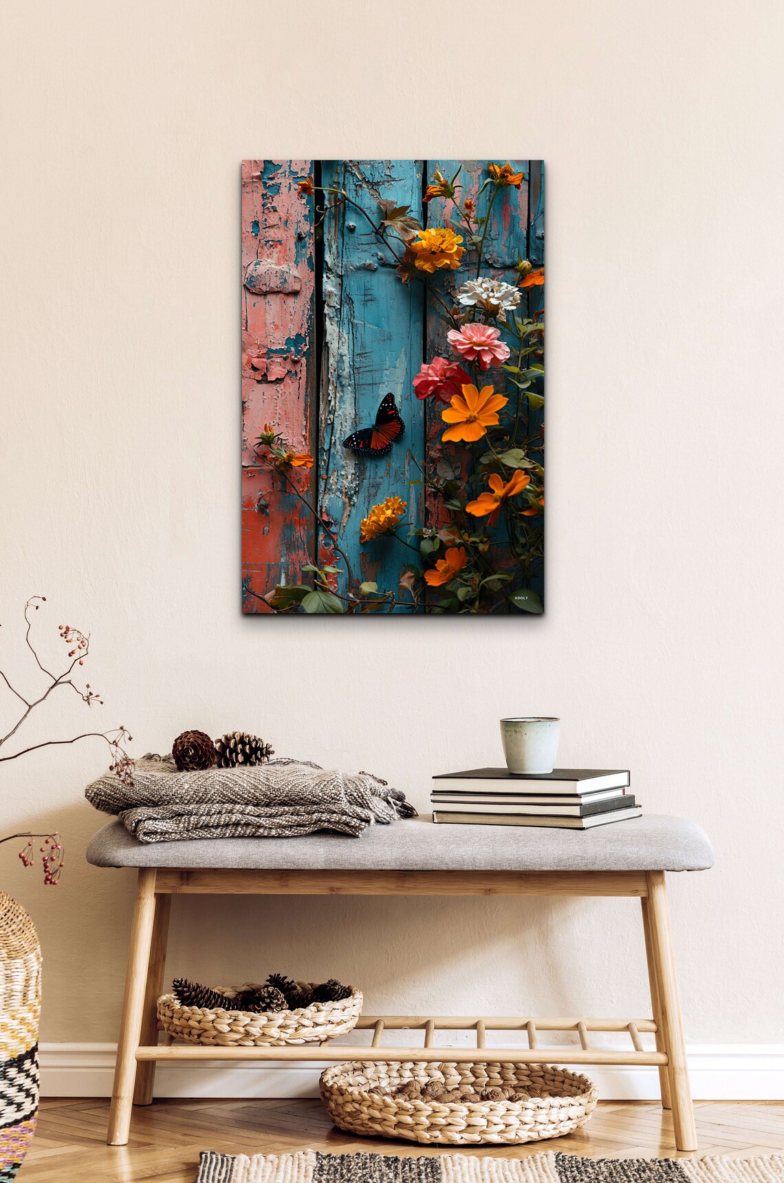 Weathered Blue Wood Floral Butterfly Garden Botanical Wall Art - Image 4
