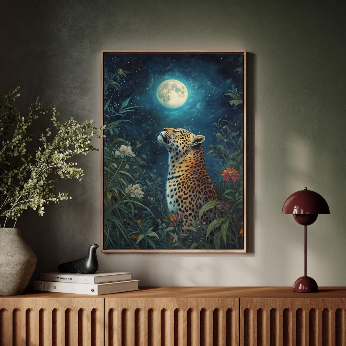 Leopard Under Full Moon in a Starlit Jungle Garden Night Poster