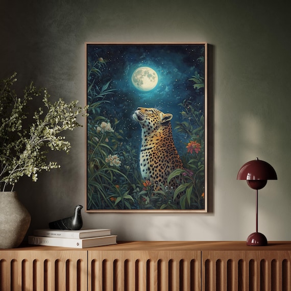 Leopard Under Full Moon in a Starlit Jungle Garden Night Poster