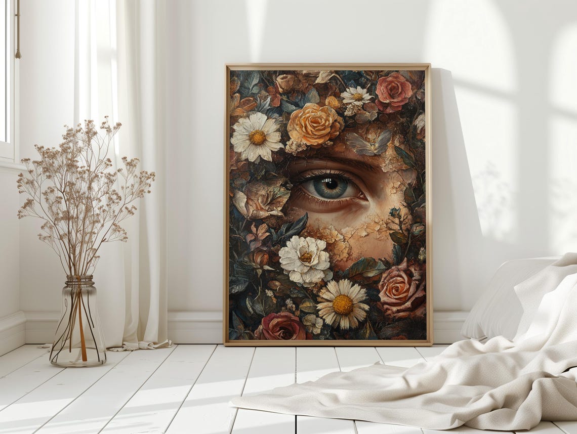Floral Eye Surreal Botanical Art With Cracked Texture And Roses Poster